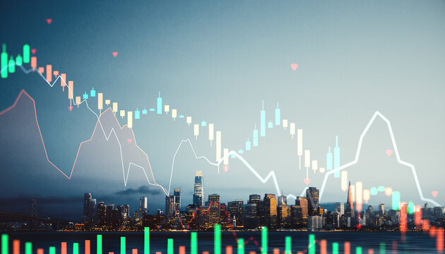 Real estate market crash concept with stock chart overlay on San Francisco skyline showing financial crisis and economic downturn impact..