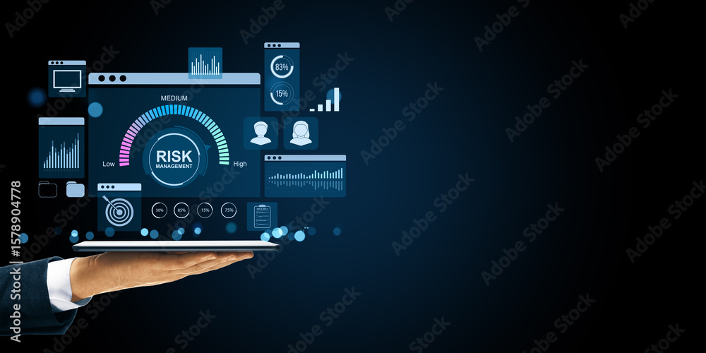 Poster risk management dashboard interface displayed on tablet by businessman, showing financial data and a