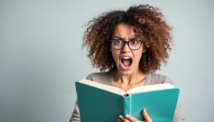 Frustrated student overwhelmed study pressure. Woman with glasses screams, reading book. Portrait expresses stress, anxiety, doubt. Academic challenge, school struggle, mental exhaustion, homework