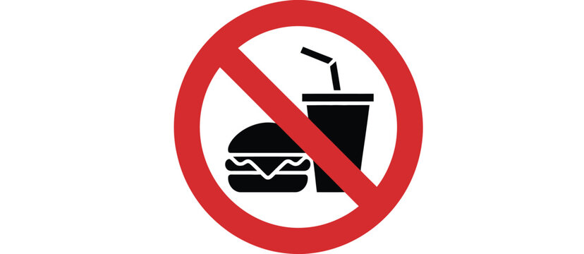 No food or drinks allowed sign with burger and beverage icons