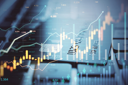 Financial trading chart with currency and stock market data overlaid on a keyboard background, symbolizing fintech and digital investment trends.
