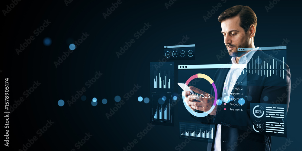 Poster businessman using smartphone with virtual analytics dashboard and data interface on dark background 