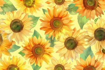 Obraz premium Seamless pattern of blooming sunflowers with green leaves on a yellow background creates a cheerful and vibrant summer design