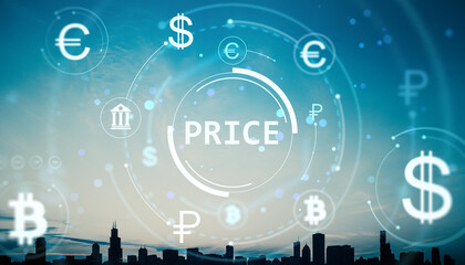 Digital currency symbols and price interface on futuristic fintech background with city skyline and glowing financial signs in circular layout.