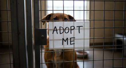 Dog looking through cage bars with adopt me sign in shelter  