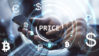 Digital currency price interface on smartphone screen with currency symbols and market data holograms in futuristic financial concept.