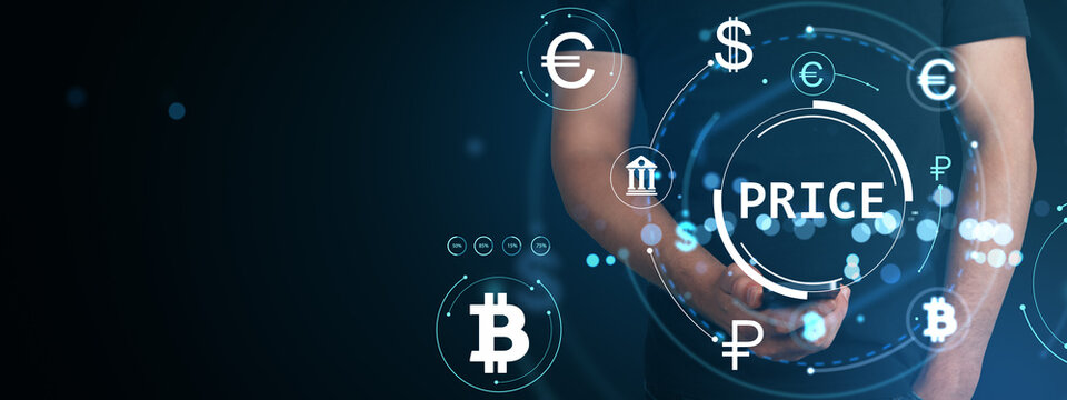 Businessman holding smartphone with digital currency price interface and financial icons in futuristic holographic style on dark background.