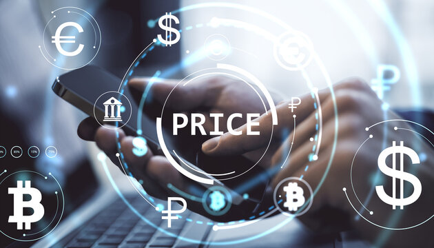 Digital currency price interface on smartphone screen with currency symbols and market data holograms in futuristic financial concept. - Powered by Adobe