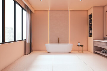 Elegant modern bathroom interior with white bathtub, soft lighting, and upscale design featuring large windows and minimalistic furniture. 3D Rendering