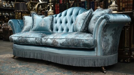 Teal tufted sofa, ornate details