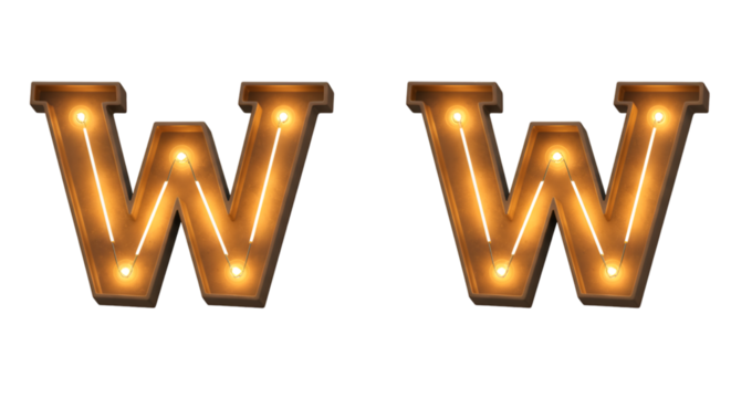 Illustration Glowing Retro Alphabet Letter W on Transparent Background