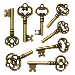 Illustration Golden Ornate Antique Keys Vintage Collection on Transparent
