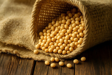 Golden soybeans spilling from burlap sack on wooden surface symbolizing farming, plant protein, and organic agriculture