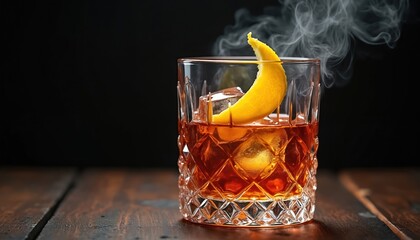 Classic Sazerac cocktail served on wooden table. Drink with ice, lemon peel, steam set against black background, creating elegant ambiance. Golden drink glass details good example of bar culture,