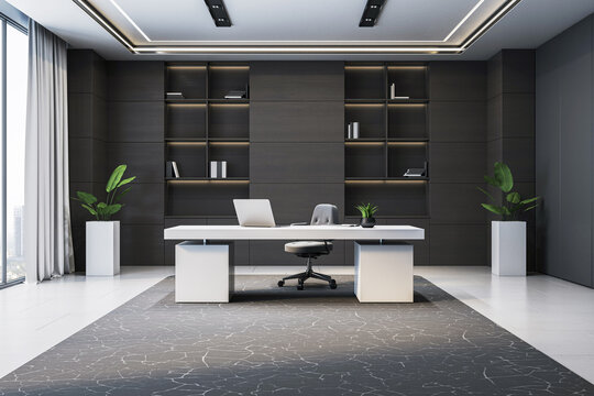Modern executive office interior with dark wood walls, white desk, stylish furniture, and bookshelf background in luxury workspace setting. 3D Rendering