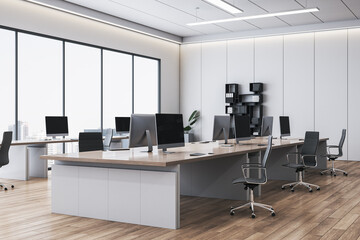 Modern empty corporate office interior with sleek desks, black chairs, large windows and city view in bright professional workspace setting. 3D Rendering