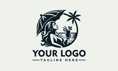Elegant woman enjoying a cocktail under a beach umbrella, logo design.