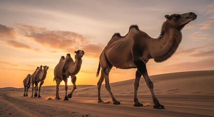 A caravan of camels walking across the desert sand at sunset.