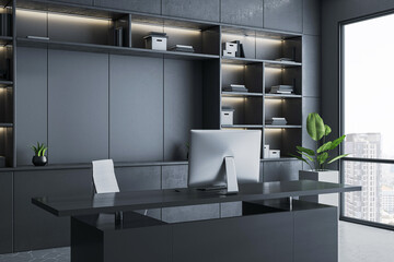 Modern executive office interior with dark elegant furniture, large desk, white chair, shelf wall and cityscape view through glass window. 3D Rendering