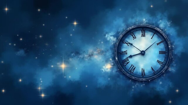 A clock floating on a cosmic background with twinkling stars in the night sky