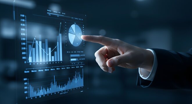 Business Analytics and Data Visualization: Hand Interacting with Digital Charts and Graphs - Powered by Adobe