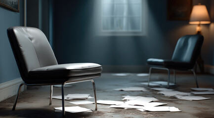 Fototapeta premium Abandoned office space with scattered paper, empty chairs, moody lighting, blue walls, and window creating somber atmosphere