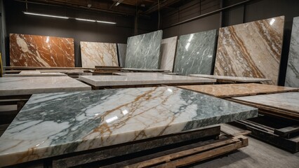Obraz premium Marble slabs of various colors and patterns displayed in a workshop, showcasing natural stone textures for interior and architectural design.