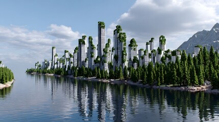 Obraz premium Lush forest landscape with towering trees and a serene lake