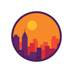Circular Flat Design Cityscape with Bright Sunset