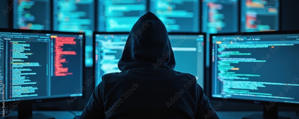 Poster hacker in hoodie hacks computer system, cybercrime attack. cyber criminal uses computer code, exploi