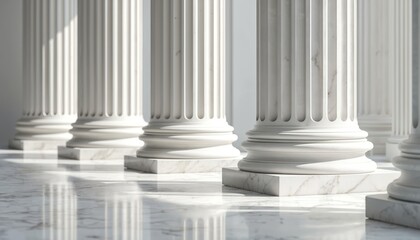 Elegant marble columns architectural structure, part of historical building. Classic white stone design, decorative element. Light creates aesthetic shadow, artistic perspective in building. Interior