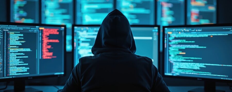 Hacker in hoodie hacks computer system, cybercrime attack. Cyber criminal uses computer code, exploiting network vulnerabilities for illicit purposes, data theft. Digital theft concept, security