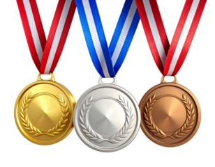 Set of Gold, Silver, and Bronze Medals with Colorful Ribbons, Floating in Air, Isolated PNG.