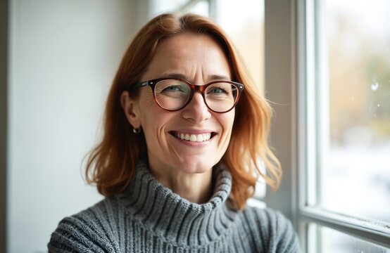 Portrait beautiful 40 year old woman with glasses smiling next to window. Wearing warm grey pullover inside home. Natural light, happy emotion. Middle age lifestyle portrait.