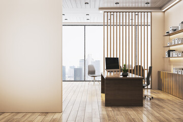 Modern executive office interior with wooden desk, minimal decor, large window view, and blank wall space for mockup or poster display concept. 3D Rendering
