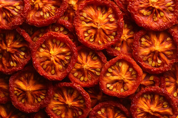 Close-up of sun-dried tomato slices representing rich flavor, organic ingredient and culinary simplicity © Ali
