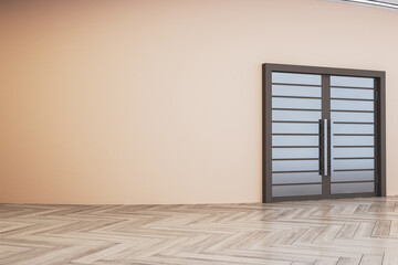 Modern corporate interior with large double glass door and wooden parquet floor in empty hallway space with soft lighting and clean wall design. 3D Rendering