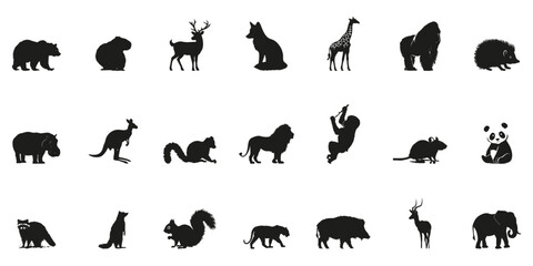 Fototapeta premium Wild Animal Silhouettes In Solid Icon Set. Wildlife Observation And Nature Preservation Symbol Collection. Environmental And Educational Use. Isolated Vector Illustration
