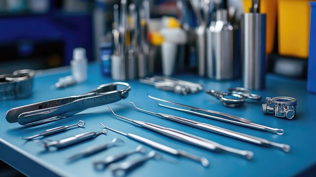 Medical precision instruments on table, surgical forceps, tweezers, clamps, healthcare tools, clinical equipment, hospital operating tools, sterile environment setup