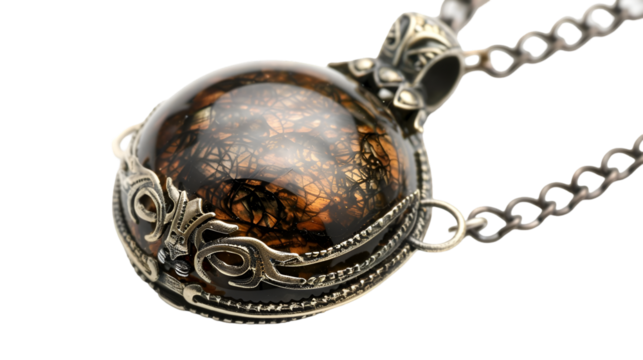 Detailed view of a silver chain necklace with a brown and transparent stone pendant on a transparent background