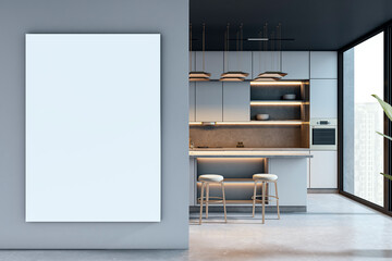 Vertical blank canvas mockup on wall in stylish modern kitchen interior with cabinets, island, stools and large window showing city view. 3D Rendering
