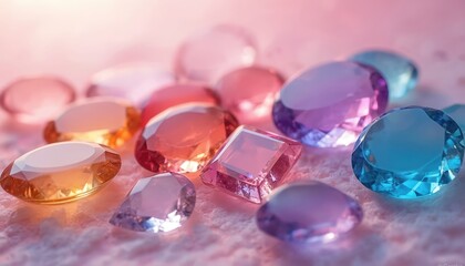 Colorful gemstones on soft background. Precious gems in various shapes, colors. Luxury jewelry crystals for gifts. Sparkling diamonds for expensive rings. Beautiful gems for meditation, protection.