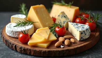 Variety of cheese types with cherry tomatoes and garnishes on wooden board. Gourmet appetizer for keto diet, luxury presentation. Fresh ingredients for party, culinary tasting or fine dining.