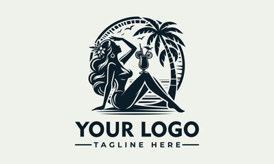 Silhouette logo design of a woman on a beach with a cocktail, tropical setting.