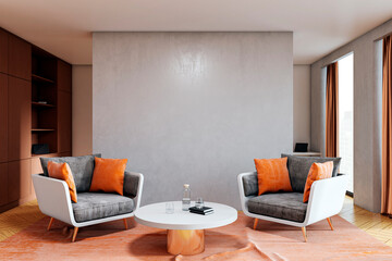 Modern corporate waiting area with two armchairs, round table, and blank wall for poster or logo mockup in bright office interior space. 3D Rendering