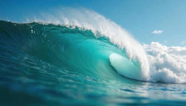 Magnificent sea wave crests, creating a powerful display. Turquoise ocean water curves, forms a tunnel. Majestic seascape with blue sky, clouds. Perfect for surf, travel, coastal theme.