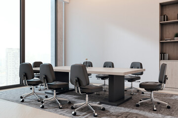 Modern corporate boardroom interior with large desk and executive chairs in high-rise office space with city view and clean design aesthetics. 3D Rendering