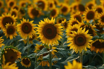 Fototapeta premium Sunflowers blooming in agricultural field during summer