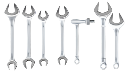 A collection of silver wrenches and a bolt arranged in a row on a transparent background still life