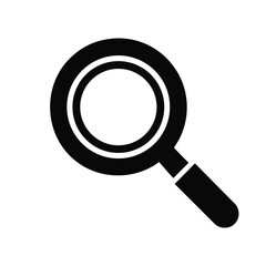 Simple black magnifying glass icon on a white background representing search and discovery